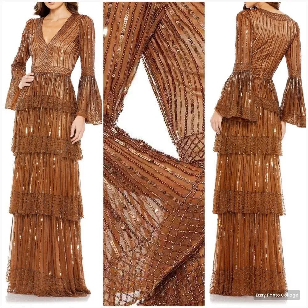 Mac Duggal 5442 Womens Embellished Bell Sleeve Tiered Gown Dress Copper